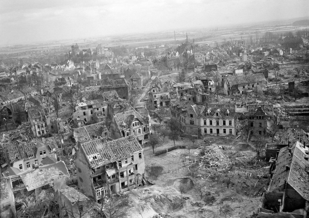 In this aerial photograph, the destruction wrought on the village of Cleve by RAF bombers on February 7-8, 1945, is readily apparent. The town was devastated by the bombers after General Brian Horrocks, XXX Corps commander, decided reluctantly to bomb Cleve to delay German reinforcements.