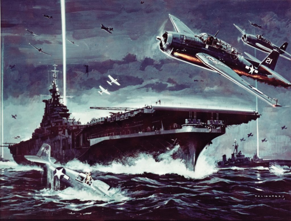 Artist Ed Valigursky painted this scene from the Battle of the Philippine Sea on June 20, 1944. As darkness closed in on the American aircraft returning from their raid against the Japanese fleet, the ships of the U.S. Navy’s Task Force 58 turned on their lights to help guide the airmen home to their carriers. Many pilots ditched in the sea as they ran out of fuel.