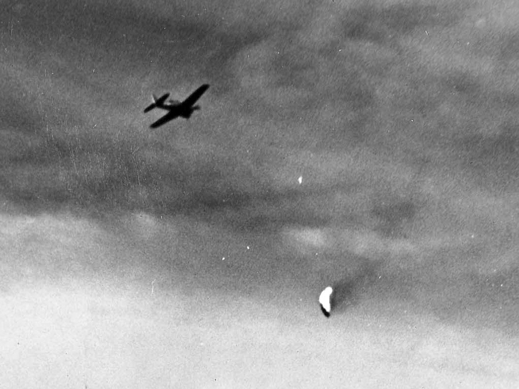 A Japanese aircraft falls under the guns of a U.S. Navy fighter in this photo taken on June 19, 1944, during the Battle of the Philippine Sea.