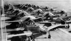Japanese planes prepare for takeoff from the flight deck of the aircraft carrier Zuikaku in 1942. A veteran of Pearl Harbor, Zuikaku was heavily damaged during the 1944 Battle of the Philippine Sea but survived.