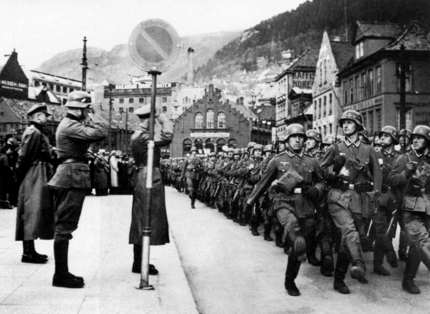 Goose-stepping German soldiers parade through the streets of Bergen, Norway, after occupying the country in a swift operation that began on April 9, 1940.