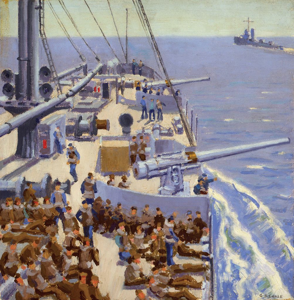 In this painting by artist Griffith Bailey Coale, soldiers aboard a transport ship headed somewhere in the Pacific take advantage of the tropical sun while lying on the open deck. The Pensacola Convoy originally carried 4,600 National Guard and Air Corps personnel.