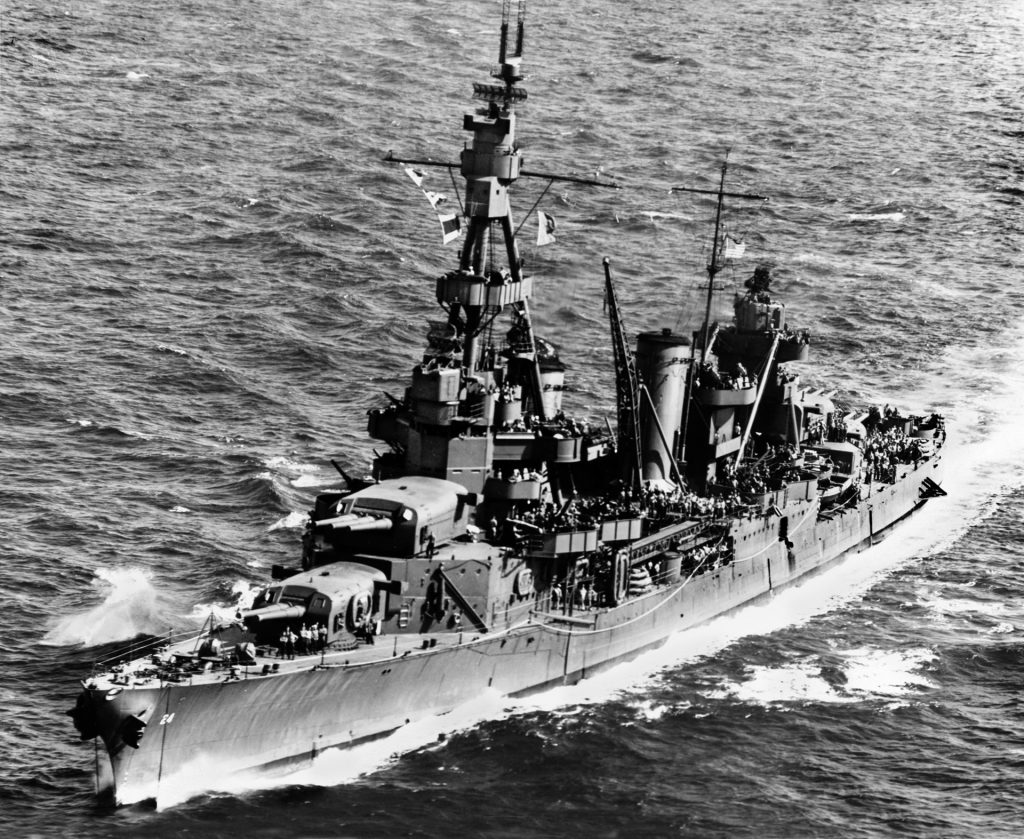 The heavy cruiser USS Pensacola is shown underway in early 1942. The lead ship of her class, Pensacola was launched in 1929 and survived the war. Japanese propagandist Tokyo Rose had nicknamed the warship the ‘Grey Ghost.’