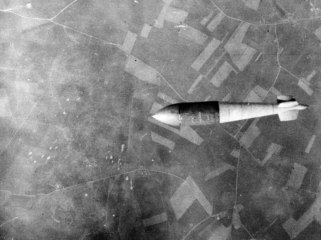 A Tallboy plummets earthward toward its target in Nazi-occupied France. 