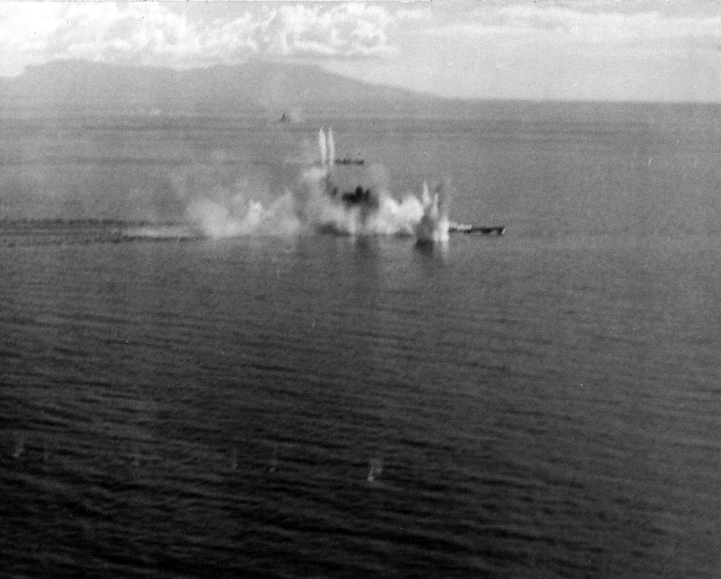 The Japanese super-battleship Mushashi comes under attack by planes from the USS Enterprise in the Sibuyan Sea. 