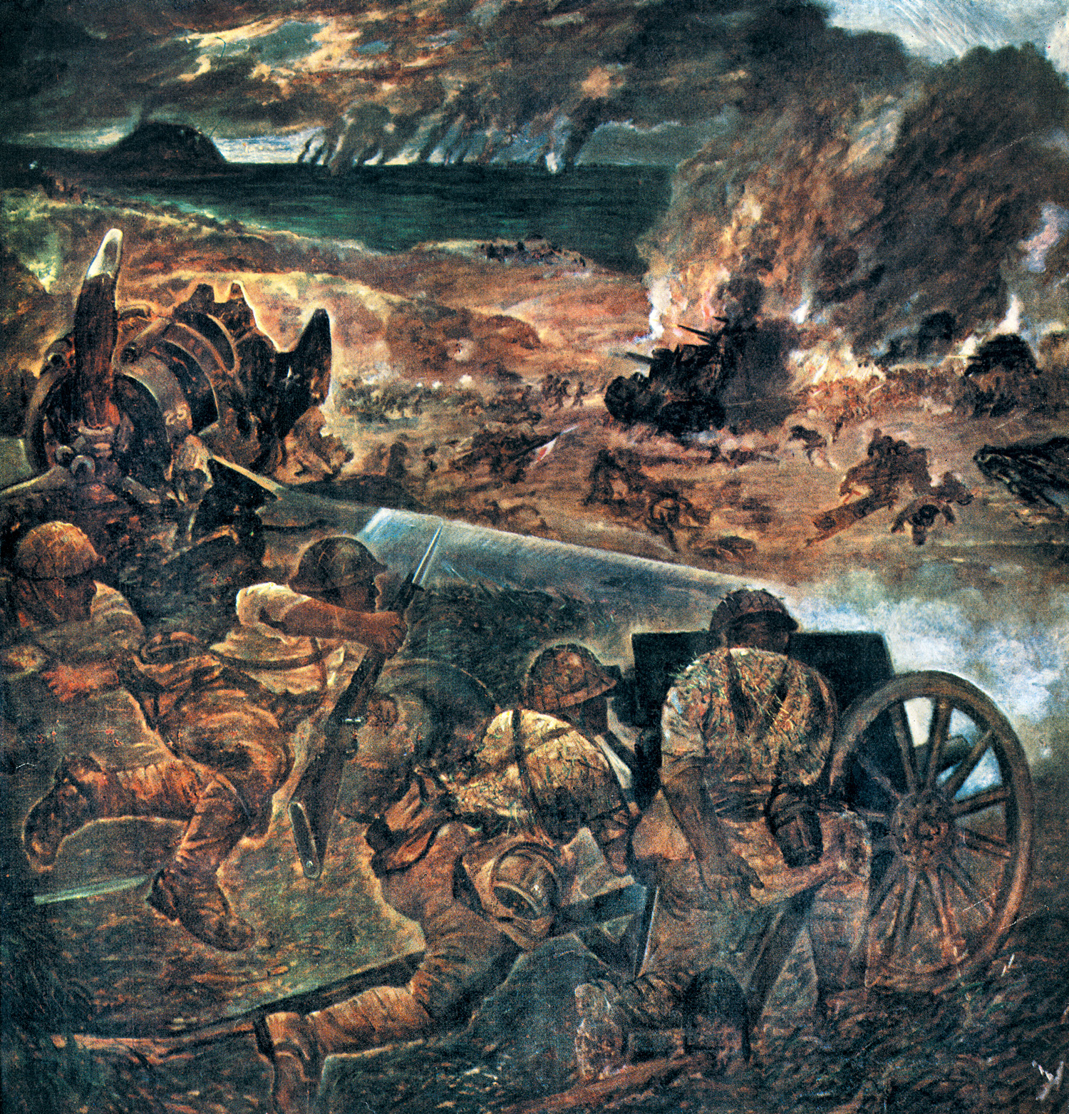 In this painting by an unknown Japanese artist, enemy soldiers, taking cover behind a wrecked American plane, fire on U.S. forces making their way up from the shore at Iwo Jima. 