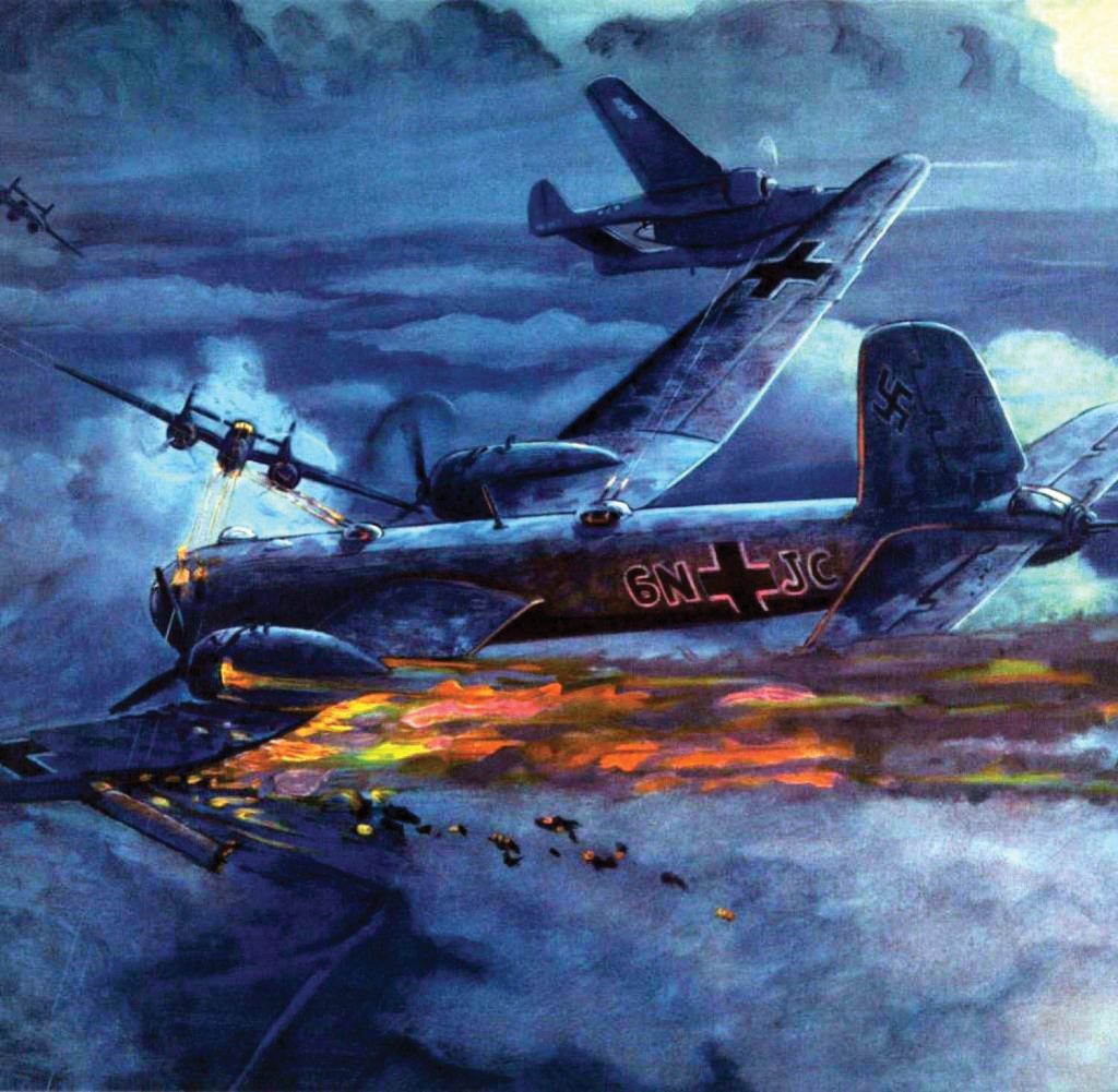 An artist’s rendering of a Heinkel HE-177 under attack by American warplanes. More HE-177s were lost to malfunction during flight than were lost in combat.