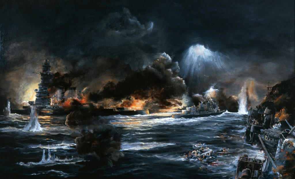 During the Naval Battle of Guadalcanal, November 13, 1942, five American cruisers and eight destroyers faced off against two Japanese battleships and a dozen destroyers. During the intense, 25-minute slugfest, three American cruisers were seriously damaged and four destroyers sunk. The next day, the destroyer Gwin, as part of a new task force, would arrive on the scene to continue the fight.