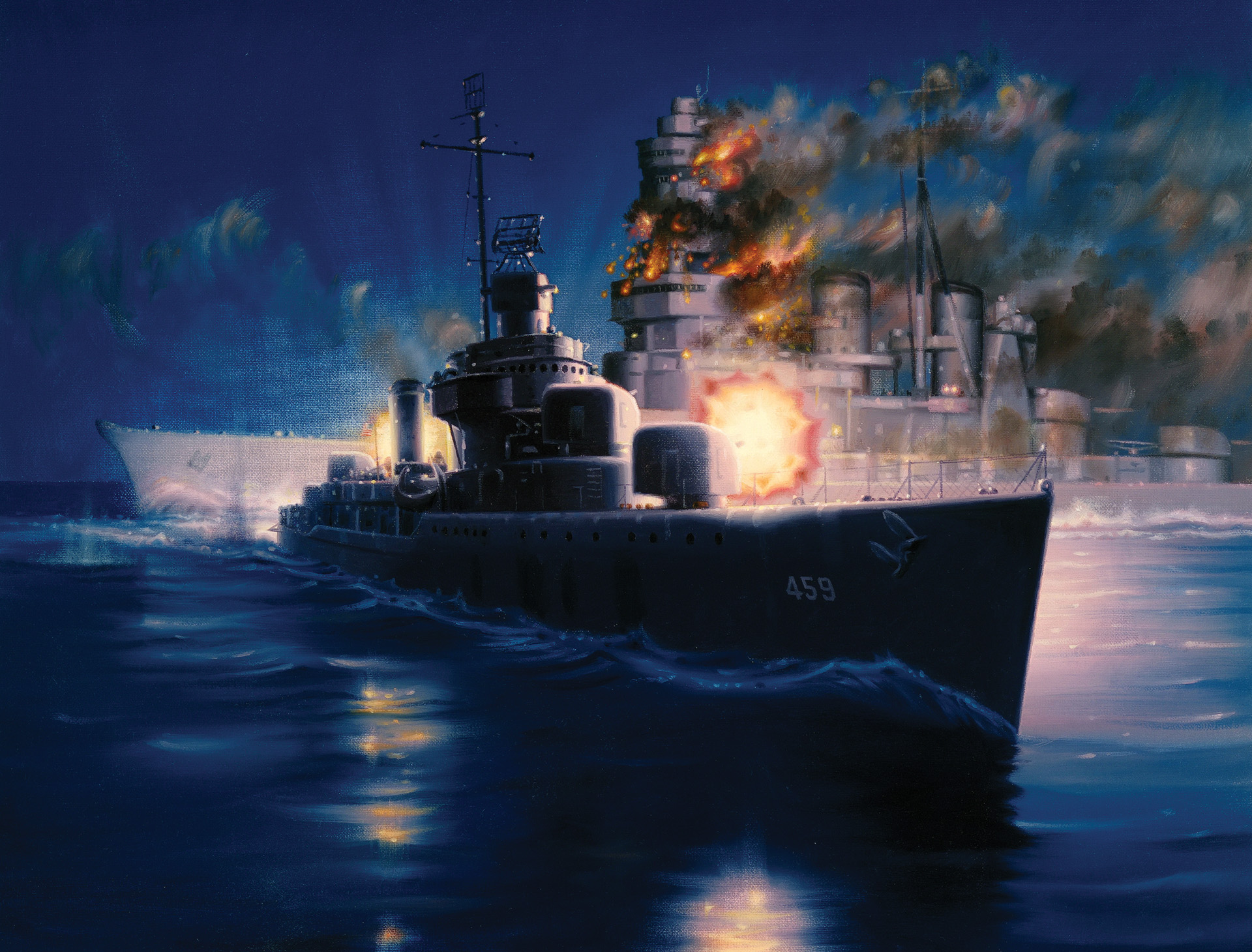 A painting from the U.S. Navy Art Collection depicts the destroyer USS Laffey just after she has crossed under the Japanese battleship Hiei’s bow and engages the larger foe with 5-inch and 20mm gun and sidearms at near point-blank range off Guadalcanal, November 13, 1942.