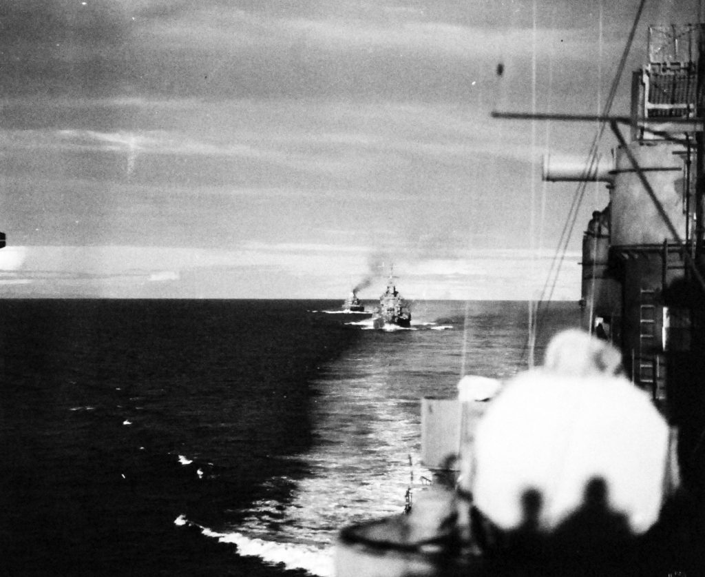 USS Honolulu (foreground), HMNZS Leander, and USS St. Louis steam toward Kula Gulf on July 12, 1943, where Gwin would be sunk during the Battle of Kolombangara.