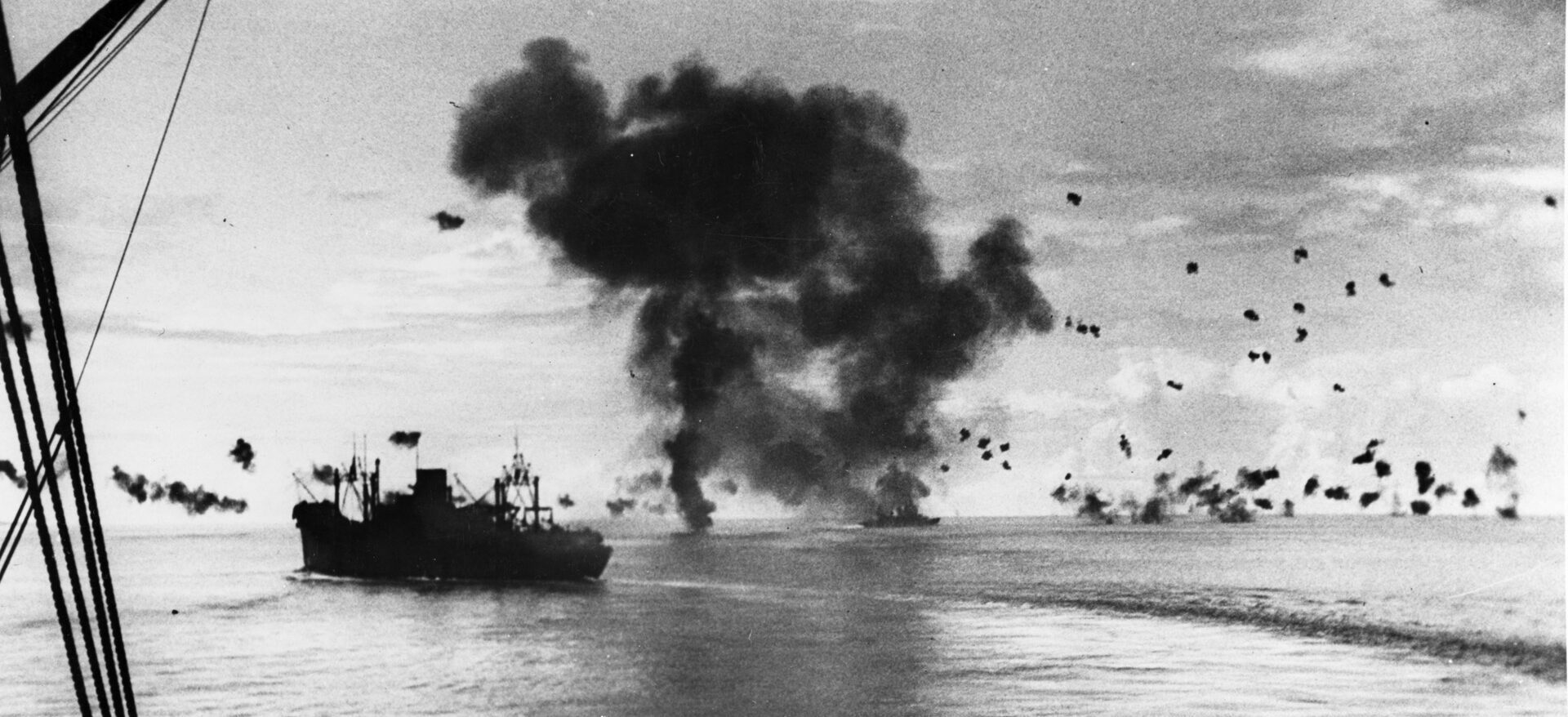 On November 12, 1942, Gwin and other ships were attacked by Japanese aircraft off Guadalcanal. A Japanese plane slammed into the cruiser USS San Francisco, right, causing 50 casualties.