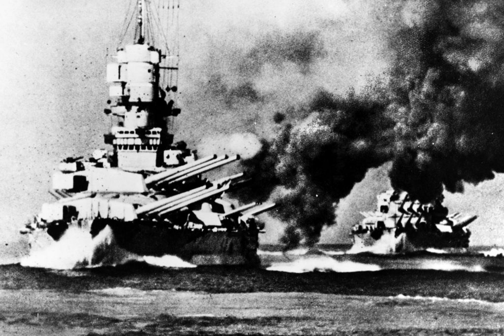 The modern Italian battleships Littorio and Vittorio Veneto participate in gunnery exercises in the summer of 1940. Their performance was disappointing in the Mediterranean, and after early setbacks Mussolini was reluctant to deploy his capital ships.