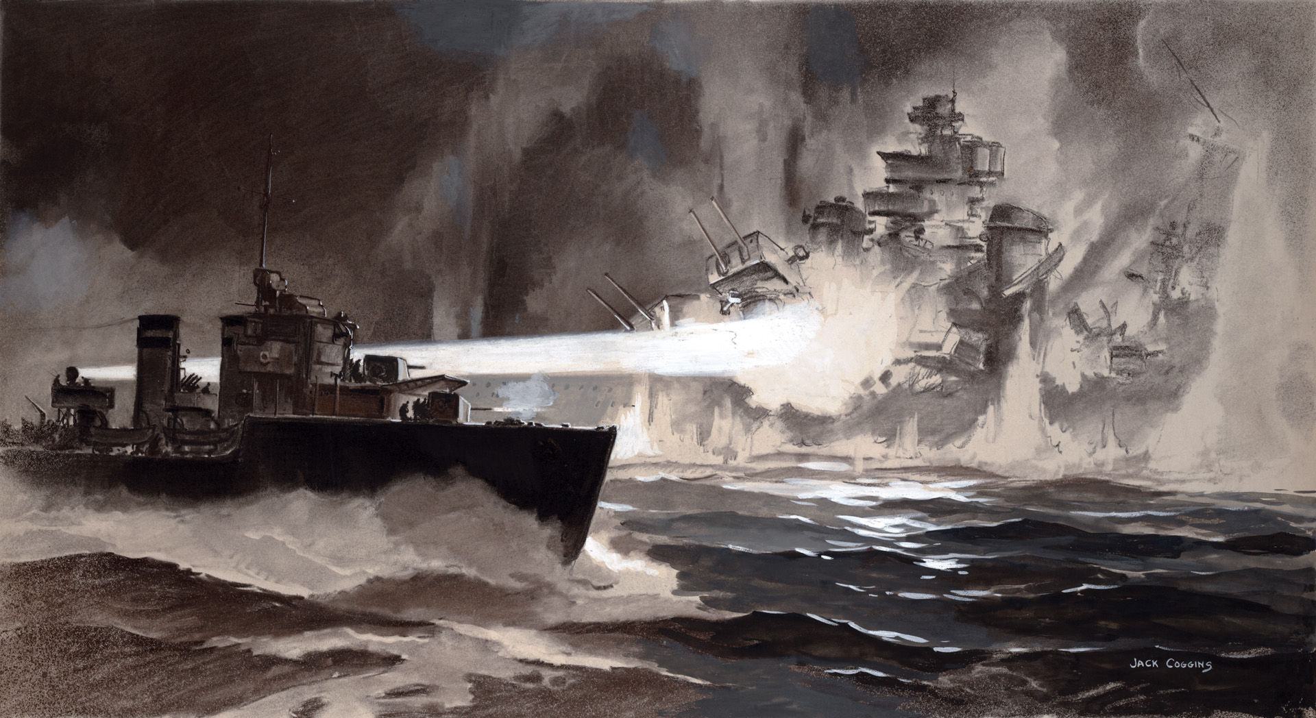 During the Battle of Cape Matapan, the searchlight of the British destroyer Greyhound catches the Italian cruiser Fiume in its beam. The Italian fleet was thoroughly defeated during the night battle  in 1941. 