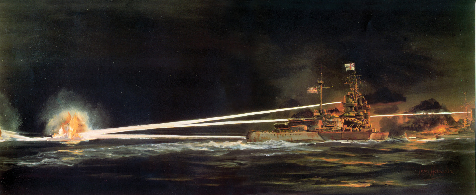 British battleships Warspite and Valiant open fire at point-blank range on the Italian cruiser Fiume during the Battle of Cape Matapan. The Italians were expecting to intercept British transports headed to Greece, but with the help of code breakers and British deception the Italian fleet was thoroughly defeated.