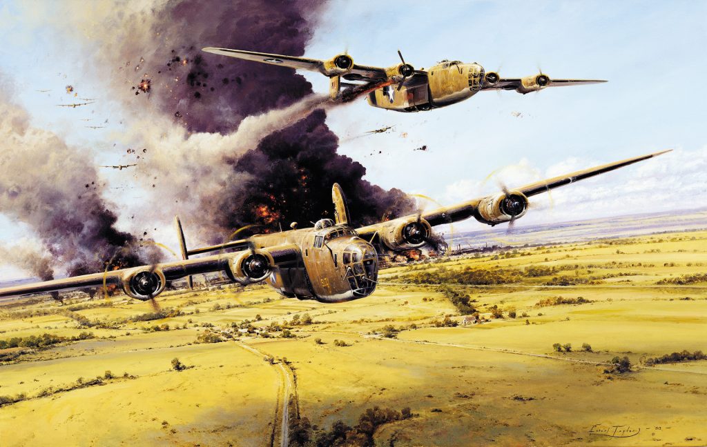 In this painting by artist Robert Taylor, Consolidated B-24 Liberator bombers trail smoke from heavy flak damage during  their mission to bomb the oil refining facilities at  Ploesti, Romania.