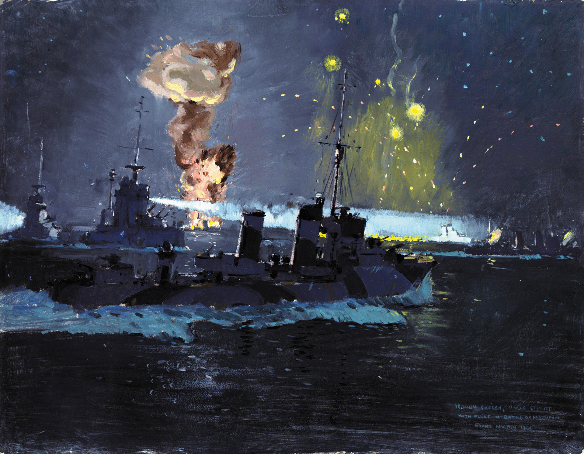 Radar gave the British Royal Navy a decided advantage during the Battle of Cape Matapan as evidenced in this dramatic rendering of the engagement by artist Frank Norton. In the foreground the Australian cruiser Stuart and the British destroyer Havoc move against a pair of Italian Zara-class destroyers during the great British victory in the Mediterranean.