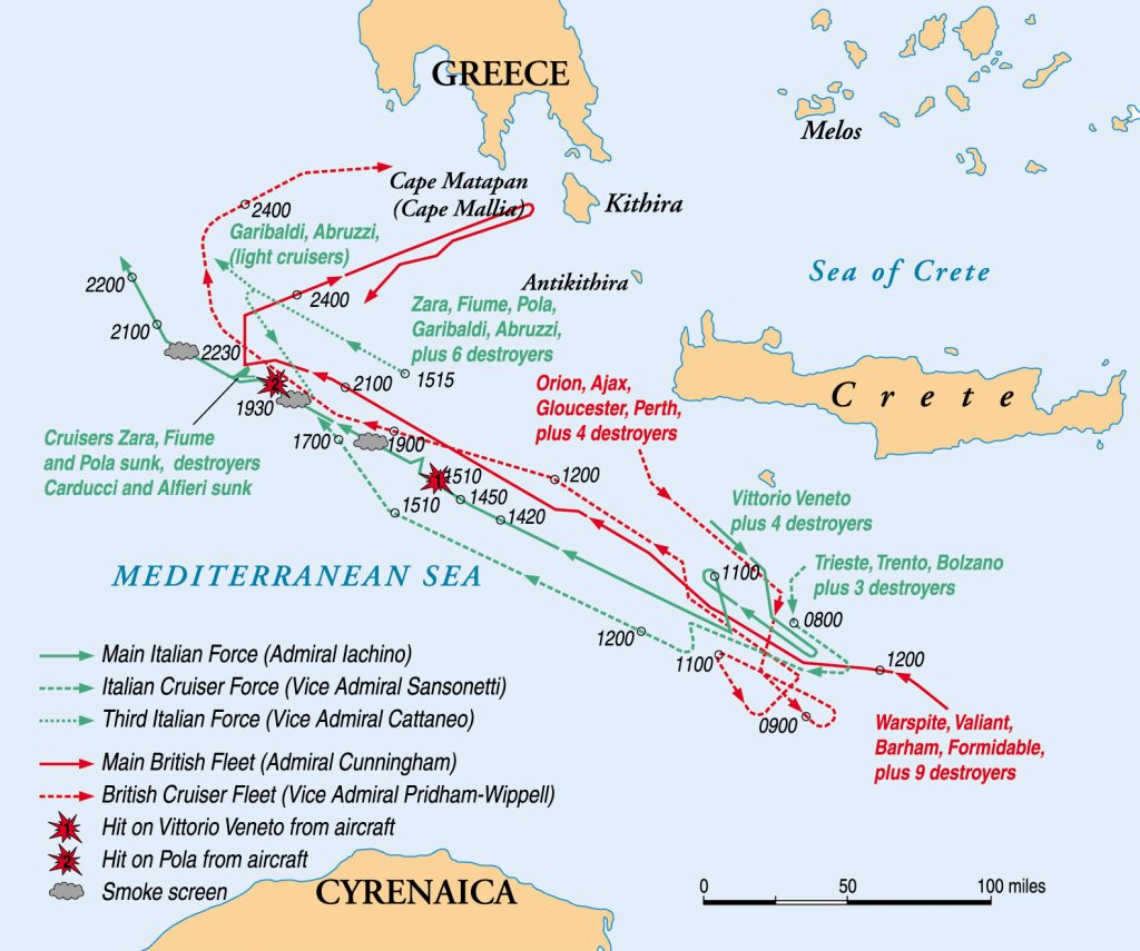 The Battle of Cape Matapan ended the Italian threat to British naval supremacy in the Mediterranean. Never again did the Italian fleet sortie in great force during World War II. 