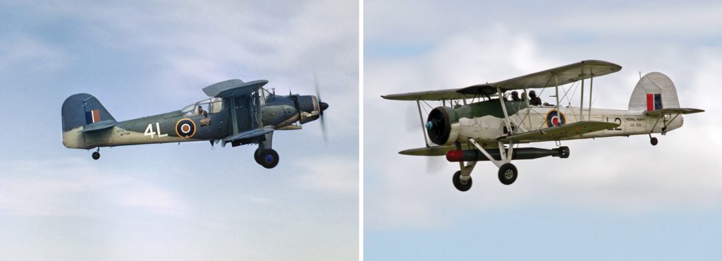 Two antiquated weapons of the Royal Navy Fleet Air Arm participated in the fight against the Italian Navy for supremacy in the Mediterranean. At left is a World War II-era photo of a Fairey Albacore torpedo bomber, and at right is an image of a restored Fairey Swordfish torpedo bomber.