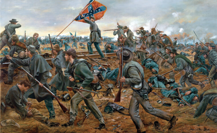 Georgians of Lawton's Brigade drive off the Pennsylvania Reserves during the Union assault on the Confederate right wing.