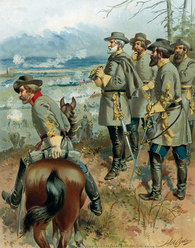 Confederate General Robert E. Lee surveys the battle from his command post in the center of the Confederate line, which allowed him to monitor the progress of the battle on both wings.