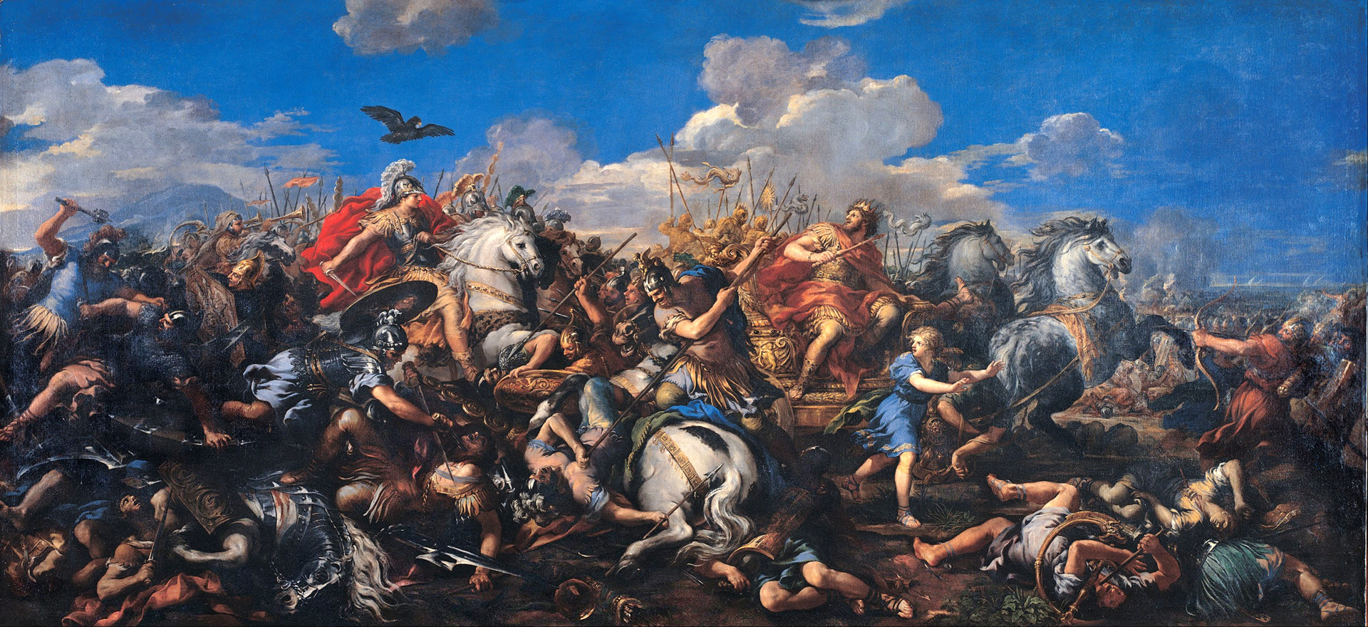 Macedonian King Alexander's counterattack pierces the left-center of the Persian line and puts Darius to flight on the plain of Gaugamela.