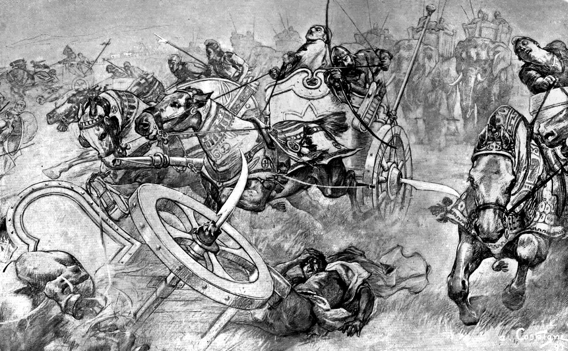 Alexander had drilled his men in countermeasures to disrupt the charge of Darius' 200 scythed chariots, and as a result only a small number harmed the Macedonian infantry. 