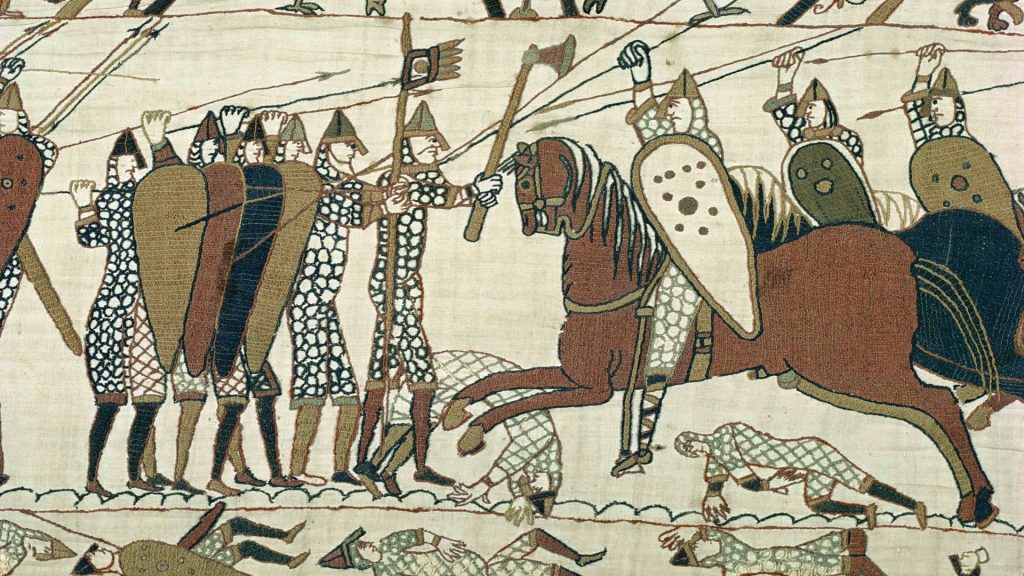 Not long after the battle, English needle-workers embroidered dozens of scenes depicting the Norman invasion onto a 230-foot-long linen strip that became known as the Bayeux Tapestry. It is the only storytelling textile strip of its type preserved from medieval times.
