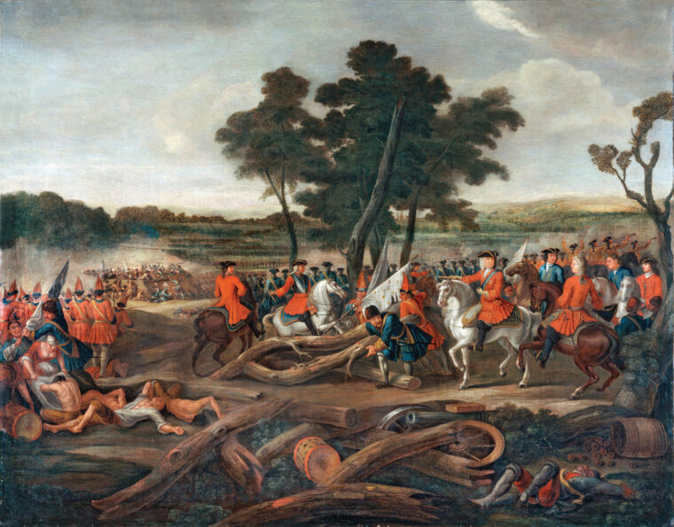 John Churchill, Duke of Marlborough, directs the Allied attack against Malplaquet on France's northern frontier. At far left, a camp follower strips clothing from the dead. The bloody clash was known for its heavy casualties.