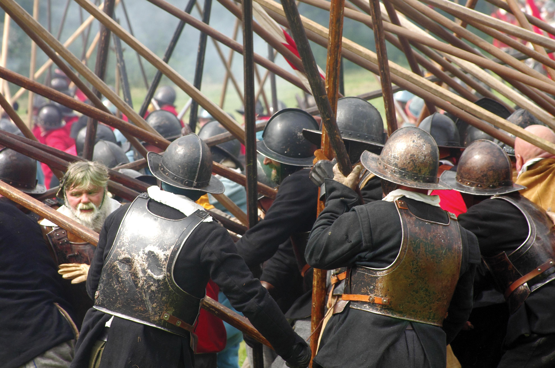 Pikemen participate in a re-enactment of the pitched battle. Parliamentary forces fought with great professionalism in a slugfest marked by heavy casualties on both sides.