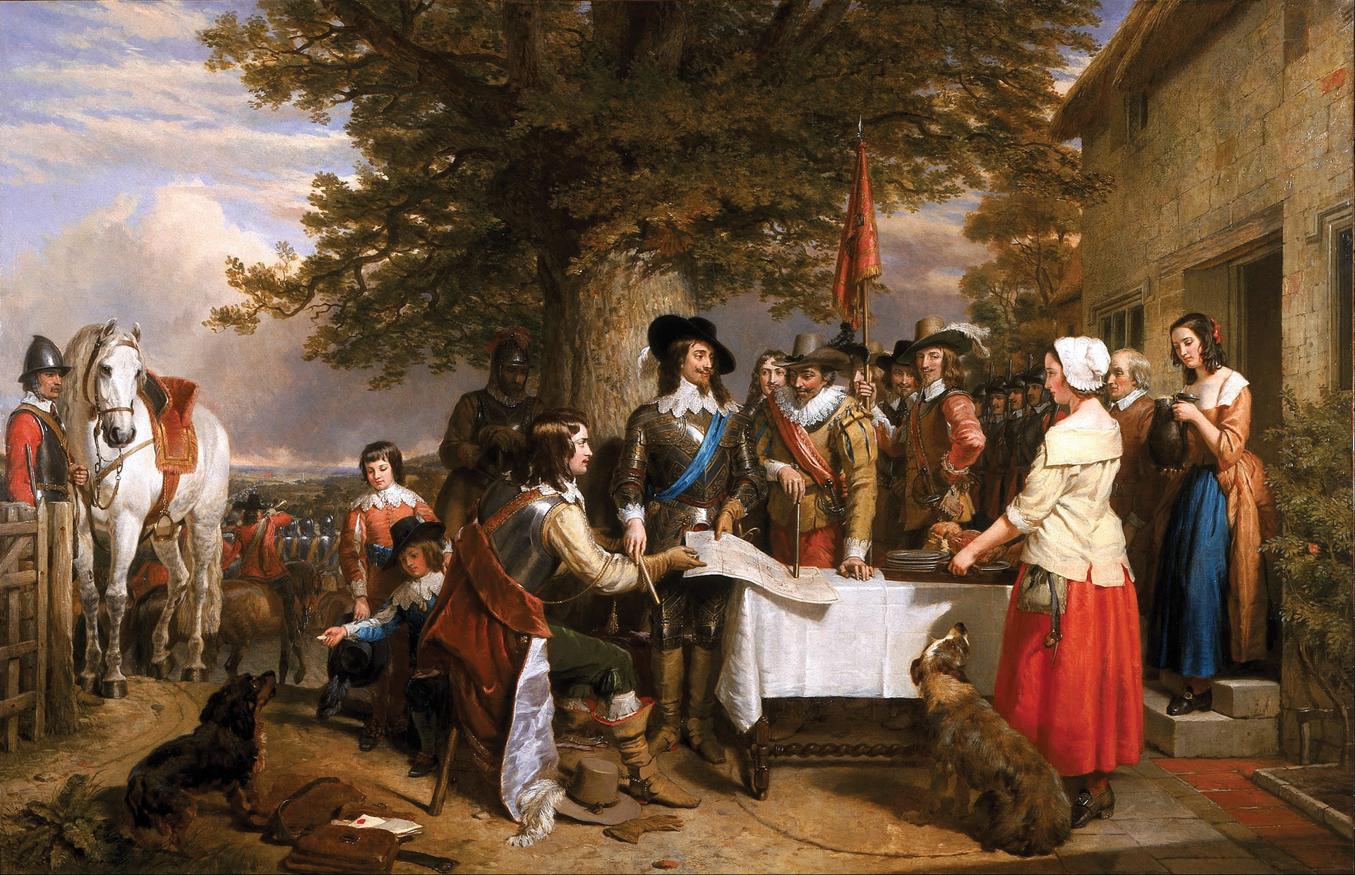 King Charles I, Prince Rupert of the Rhine, and senior lords hold a council of war. The war had been going on for just over a year, and the king was hoping for a decisive victory at Newbury.
