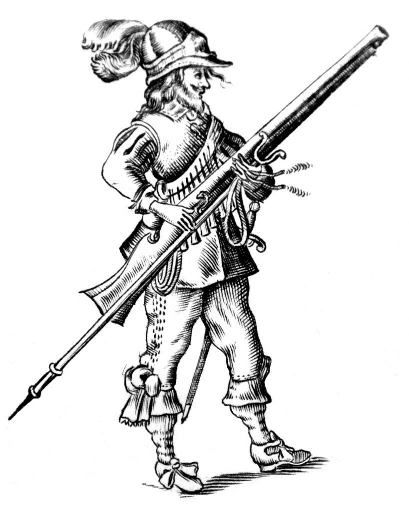 Parliamentary musketeers armed with matchlock muskets blunted repeated charges by Royalist cavalry at Newbury.