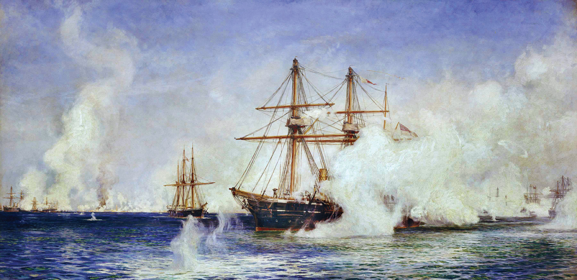 Fifteen ironclads in the British fleet shattered Egyptian shore defenses at the port of Alexandria. 