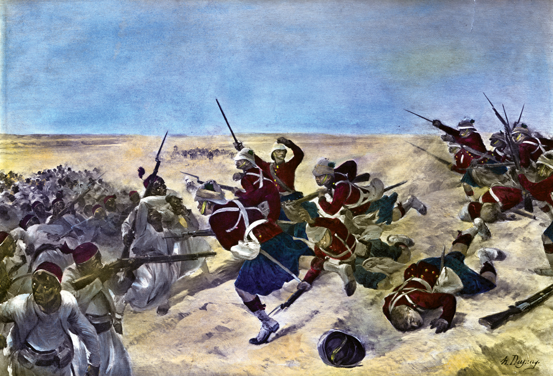Soldiers of the Black Watch with fixed bayonets storm the enemy trenches in the final attack. The British victory ultimately led to Egypt becoming a British protectorate.