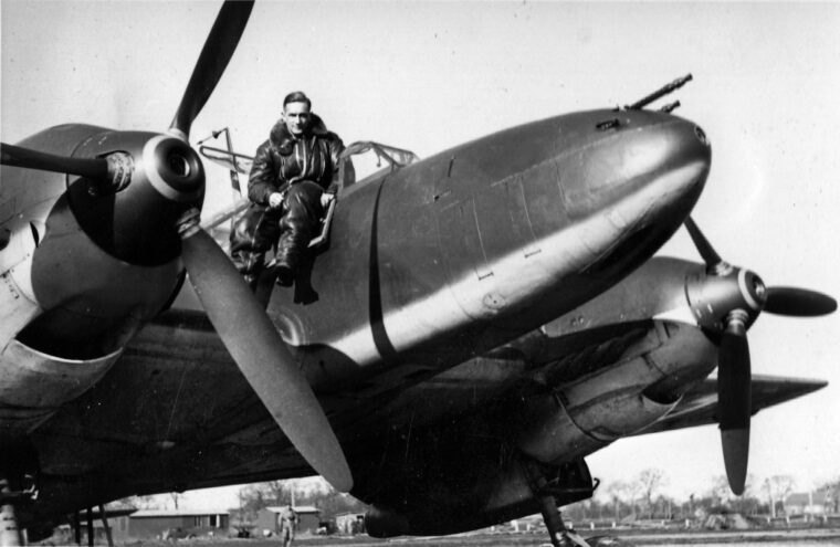 Hauptmann Gordon Gollob poses with his Messerschmitt Bf110 fighter. He made recommendations for technical improvements to the heavy fighter and traveled to a Luftwaffe test facility to consult with aircraft engineers on his ideas.