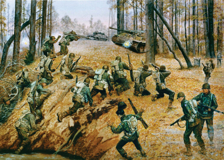 Nisei soldiers of the 442nd Regimental Combat Team take on German tanks during their successful effort to rescue the Lost Battalion in France in October 1944.