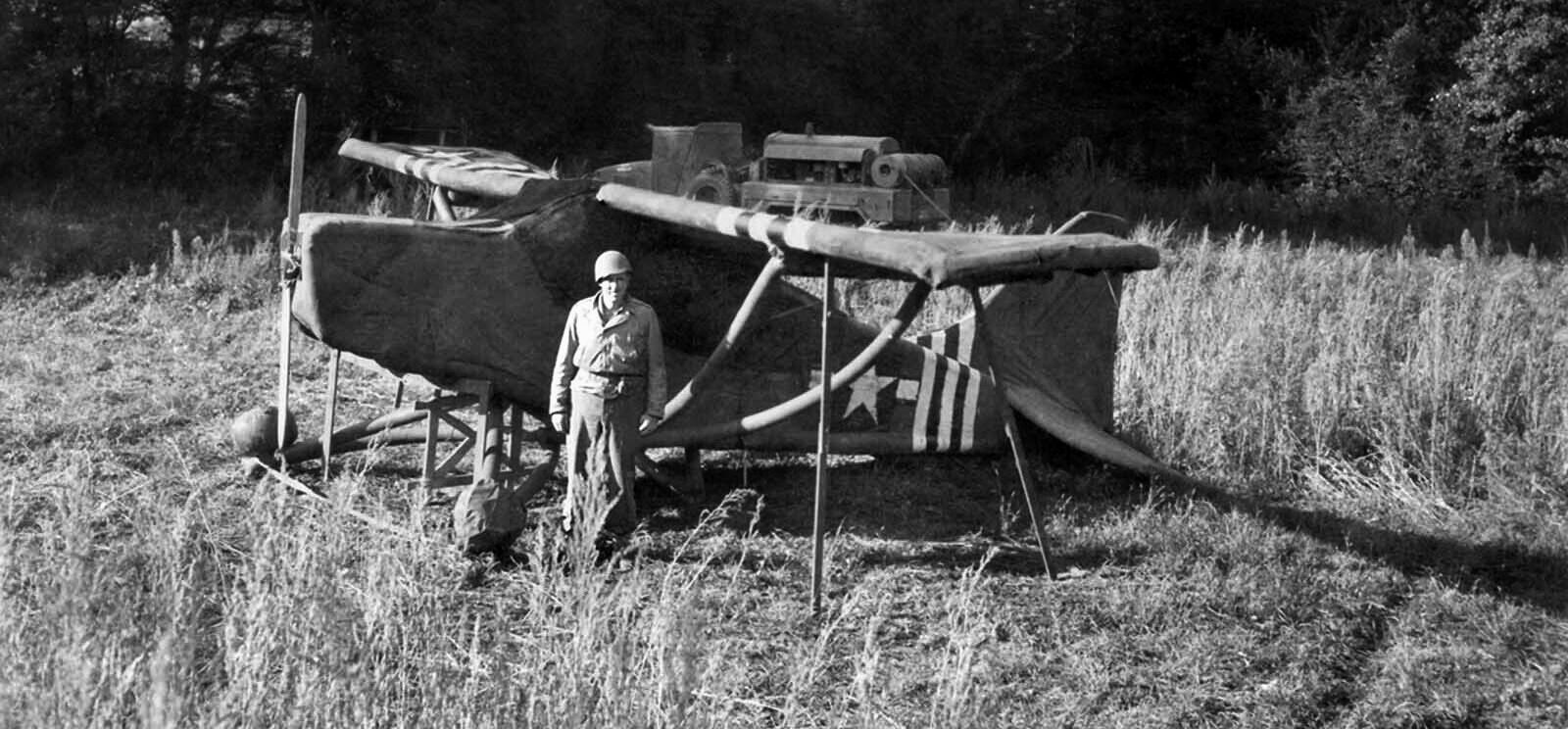 An inflated rubber L-5 reconnaissance plane used by the Ghost Army at one of the last operations on the western border of Germany. 