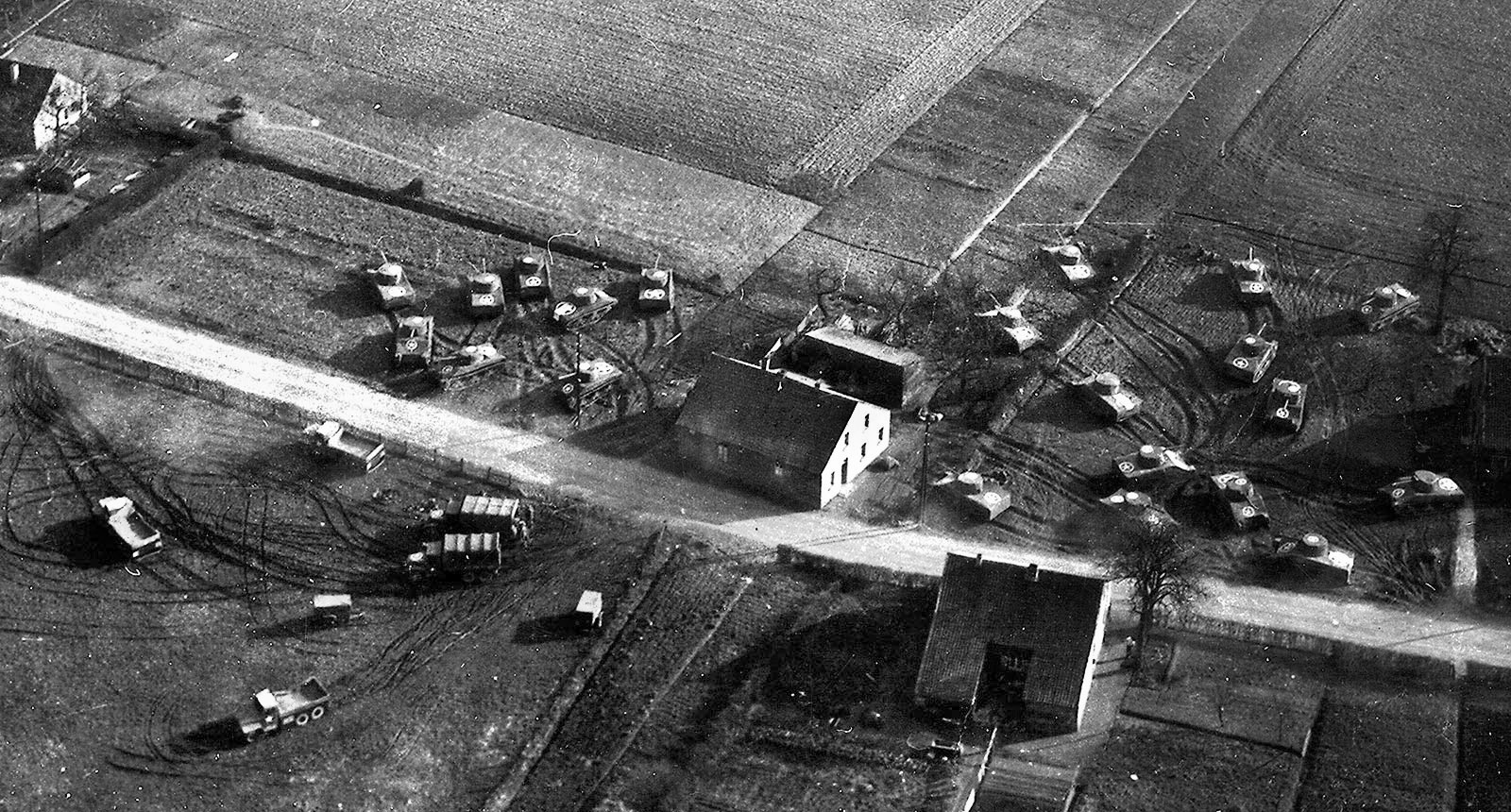 An aerial photo of inflatable dummies deployed near the Rhine River, March 1945. Their last performance, Operation Viersen, successfully fooled German forces into converging to defend a point on the Rhine miles away from the actual attack. 