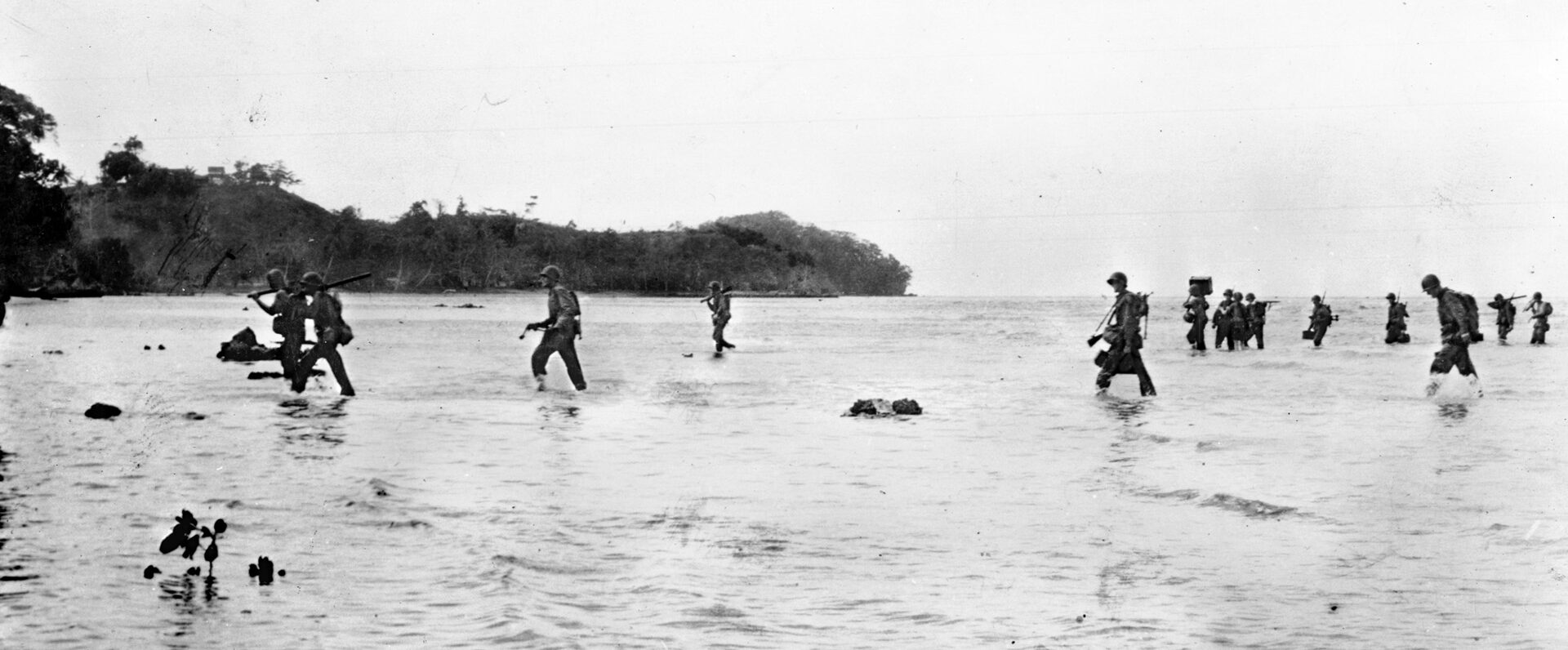 The invasion of Tulagi Island was part of Operation Watchtower, the Guadalcanal/Solomons campaign. Here men of the 1st Marine Raider Battalion wade ashore after the initial fierce Japanese resistance has died down.