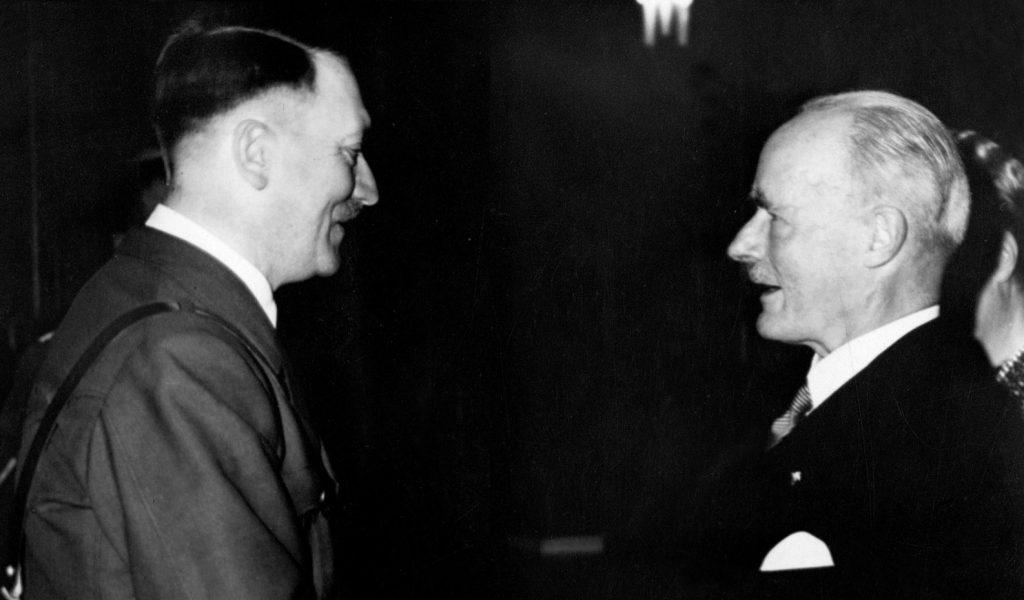 Adolf Hitler greets Gustav Krupp, head of the industrial conglomerate that provided the Third Reich with much of its armament. A dozen Krupp directors were convicted of aiding the regime in waging aggressive war; none served long sentences.