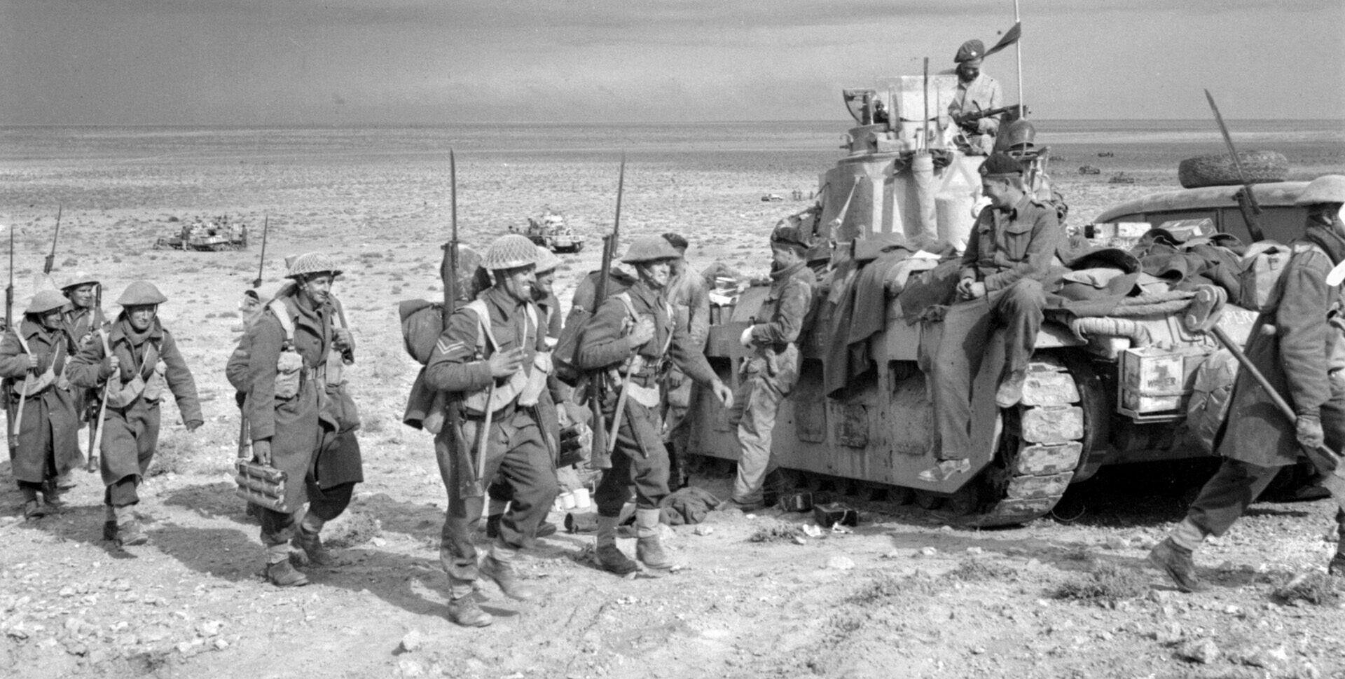 Men of the 2nd New Zealand Division on the march. The “Kiwis” nearly encircled the retreating Germans, only to have Rommel’s forces slip out of the noose in December 1942.