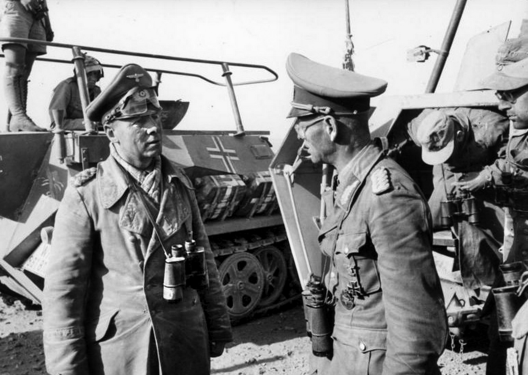Colonel General Rommel meets with Maj. Gen. Jürgen Georg von Bismarck, commander of the 21st Panzer Division, photographed in June 1942. Bismarck would die in battle two months later. 