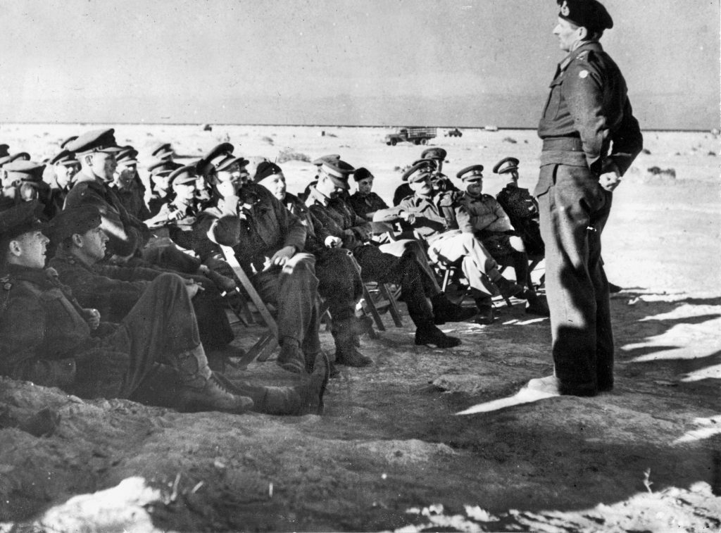 Monty addresses a group of British officers shortly after taking command of the Eighth Army in Egypt. He would become famous for his rousing speeches that instilled a fighting spirit in his men.