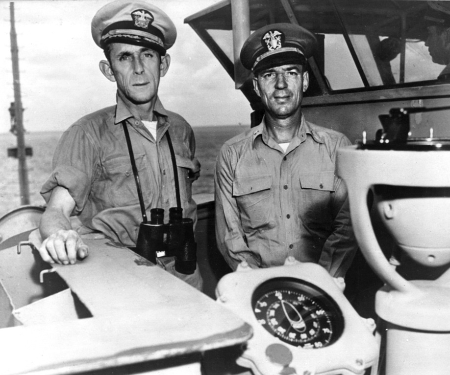 Captain Daniel V. Gallery, Jr., (left) led the U.S. Navy task force that captured U-505, the first taking of an enemy warship by the Navy on the high seas since the War of 1812. Lieutenant (j.g.) Albert L. David (right) led the boarding party that secured U-505 for the long trip to Bermuda and received the Medal of Honor for his heroism.
