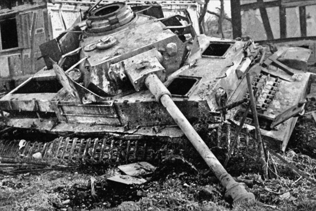 This destroyed German PzKpfw. IV medium tank bears mute testimony to the ferocity of the fighting around the village of Hatten during Operation Nordwind. The Germans lost 63 precious tanks in the fighting and were eventually repulsed with heavy casualties as well.