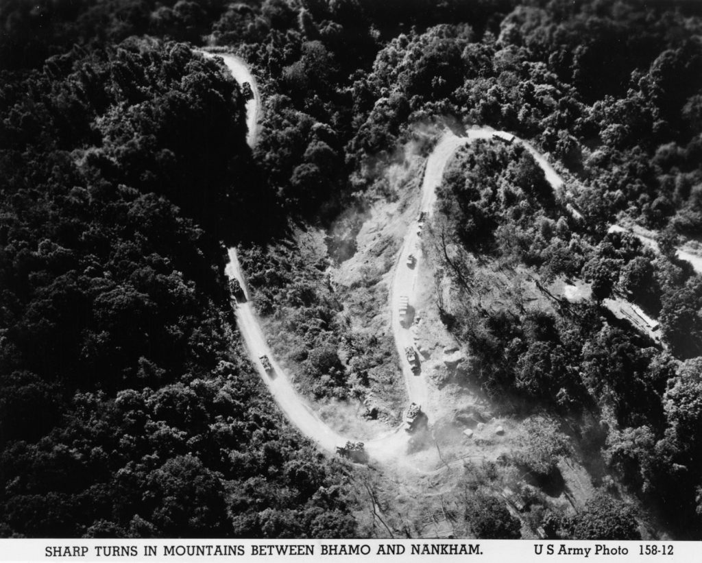 The long and winding Ledo Road linking India and China is shown in this aerial view snaking its way through rugged jungle and mountainous country.  General Joseph Stilwell considered the Ledo Road vital to the success of Allied operations against the Japanese in the CBI. 