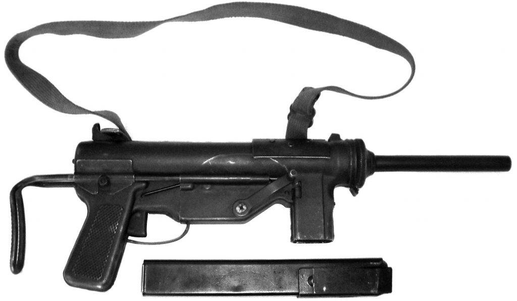 This M3 submachine gun, pictured with its sling and a 30-round stick magazine, was manufactured by Guide Lamp, a division of General Motors.