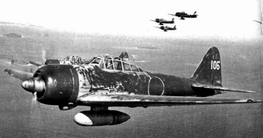  A formation of Japanese Mitsubishi A6M Zero fighters flies above the Solomon Islands in 1942. The nimble Japanese fighter was superior in many respects to its primary American aerial opponent, the Grumman F4F Wildcat. 