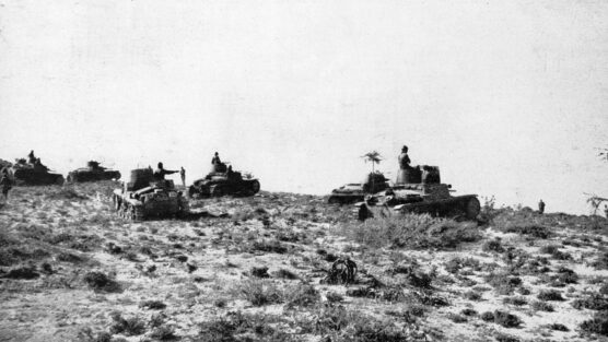 Italian tanks advance through Karrin Pass in British Somaliland during their offensive of 1940. Although the Italians were initially victorious, their occupation collapsed following a British counteroffensive launched later in the year.