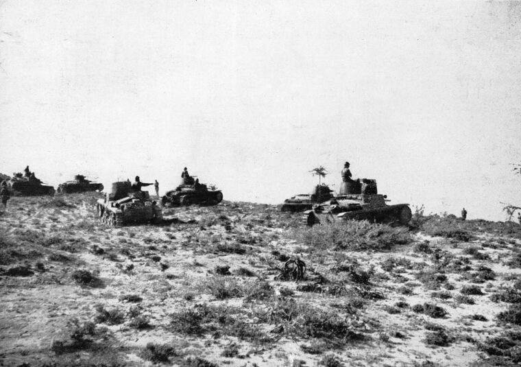 Italian tanks advance through Karrin Pass in British Somaliland during their offensive of 1940. Although the Italians were initially victorious, their occupation collapsed following a British counteroffensive launched later in the year.