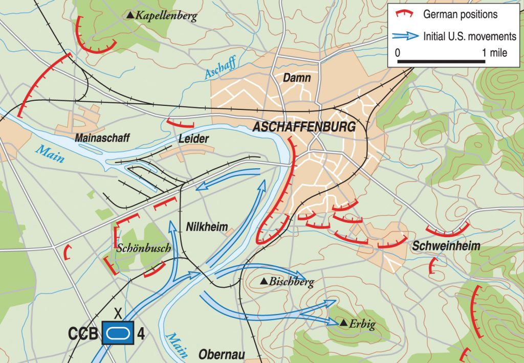 American armored and then infantry units encountered stiff resistance at Aschaffenberg, where soldiers of the German Army and the Volkssturm home-defense forces opposed the capture of the city for nearly a week. 